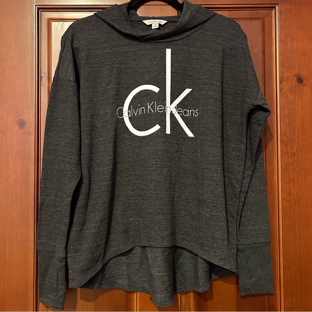Calvin Klein Dark Gray Monogram Lightweight Hoodie with Thumb Holes
